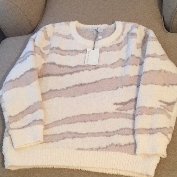 Barefoot Dreams Cozychic Seaside Crewneck Pullover in Cream Zebra Size Large NWT - Picture 1 of 5